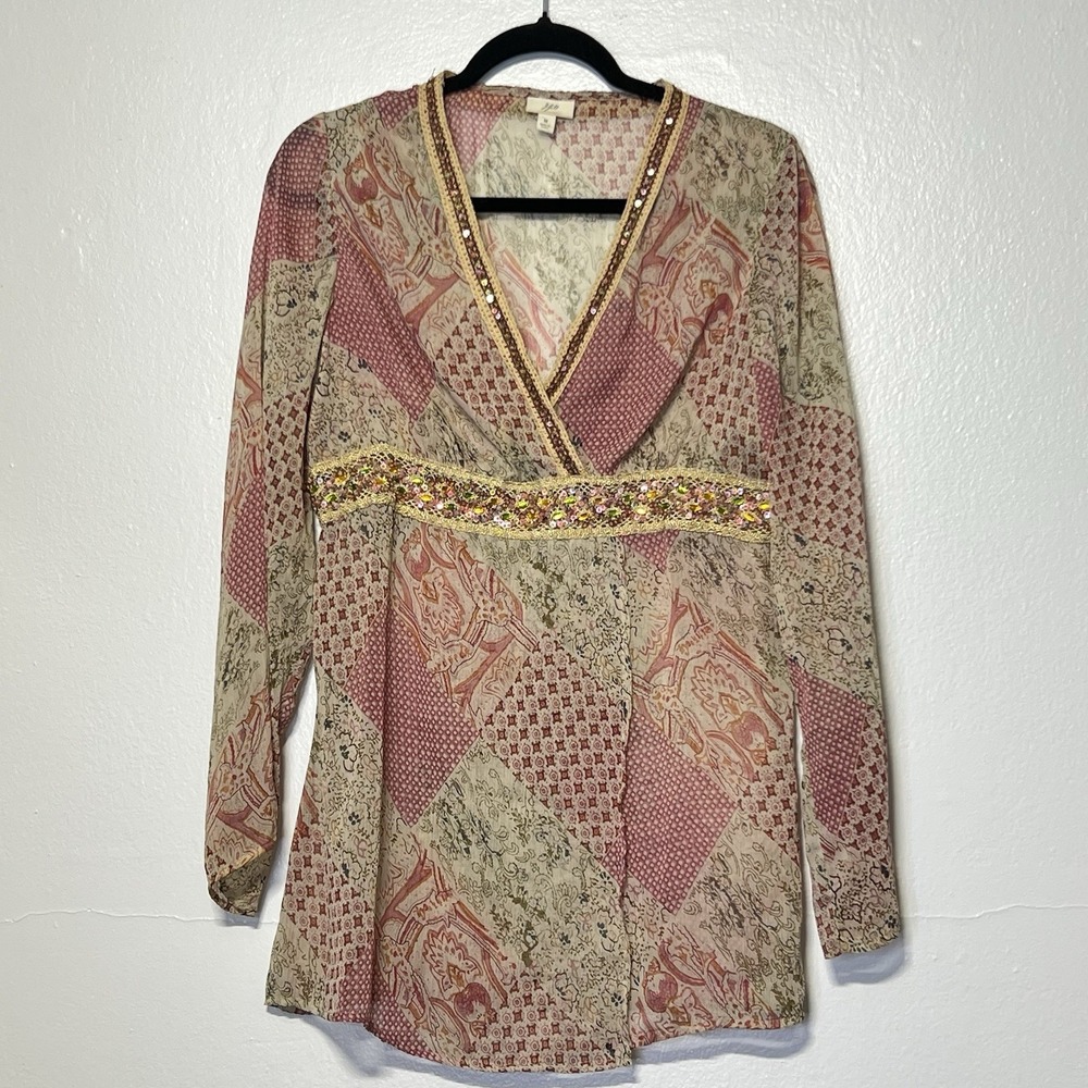 J. Jill Pink Patchwork Pattern Jewel Sheer V-Neck Long‎ Sleeve Blouse Sz M Fairy